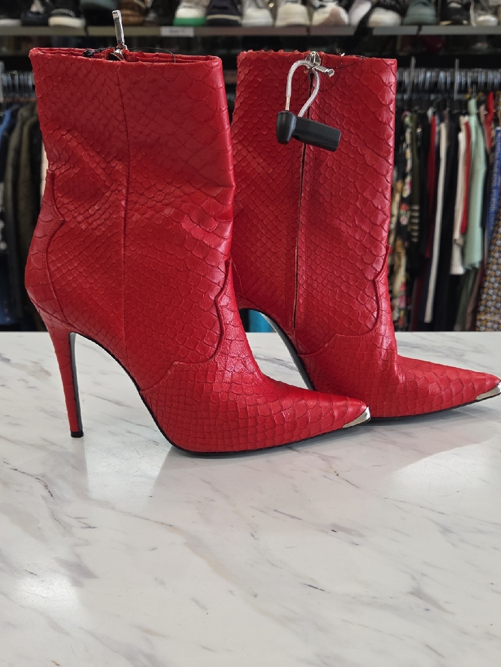 AMIRI Red Snake-Embossed Pointed Toe Stiletto Ankle Boots